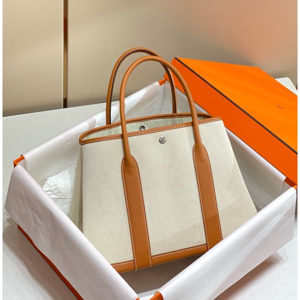 HERM Garden Party 36cm Bag in Toile and Gold Leather