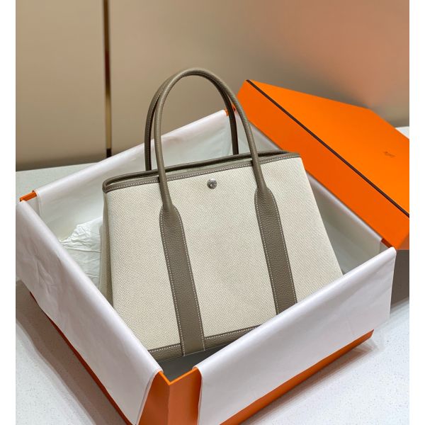 HERM Garden Party 36cm Bag in Toile and Taupe Leather