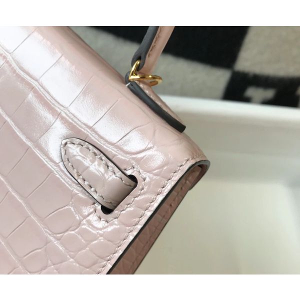 HERM Kelly Mini II Bag In Rose Dragee Embossed Crocodile Leather