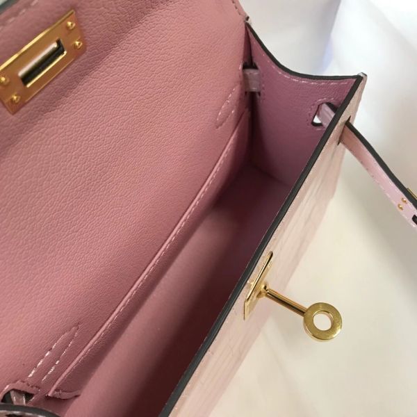 HERM Kelly Mini II Bag In Rose Dragee Embossed Crocodile Leather