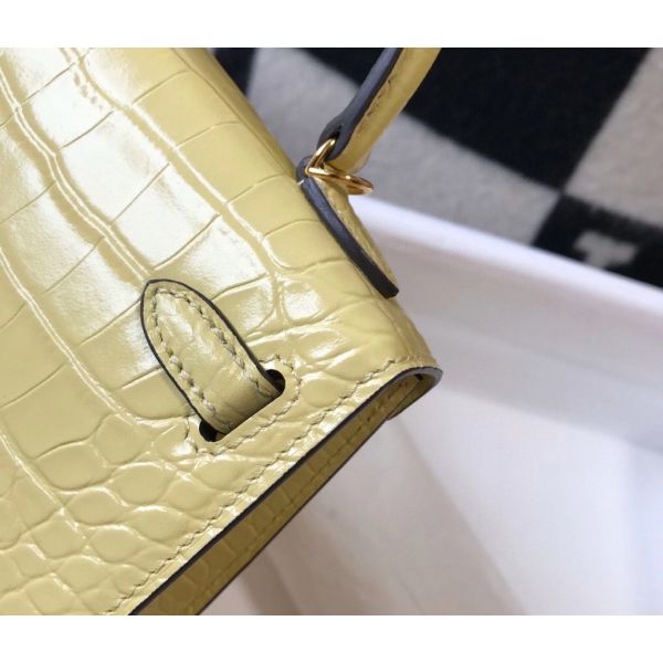 HERM Kelly Mini II Bag In Jaune Poussin Embossed Crocodile Leather