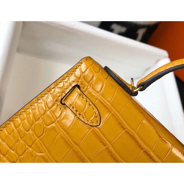 HERM Kelly Mini II Bag In Yellow Embossed Crocodile Leather