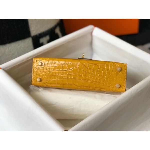 HERM Kelly Mini II Bag In Yellow Embossed Crocodile Leather