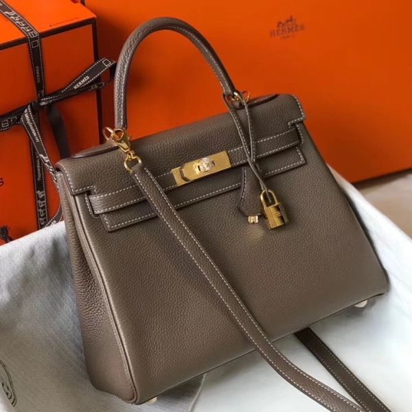 HERM Kelly 25cm Retourne Bag In Taupe Clemence Leather