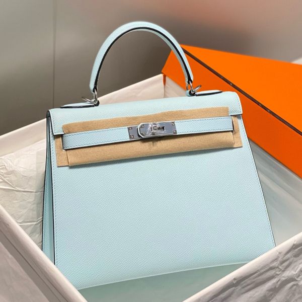 HERM Kelly 25cm Sellier Bag In Blue Brume Epsom Leather