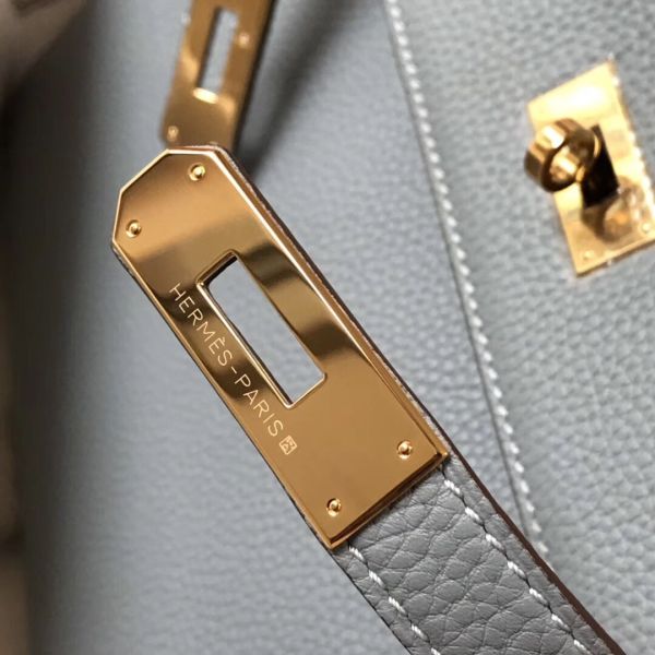 HERM Kelly 28cm Bag In Blue Lin Clemence Leather GHW