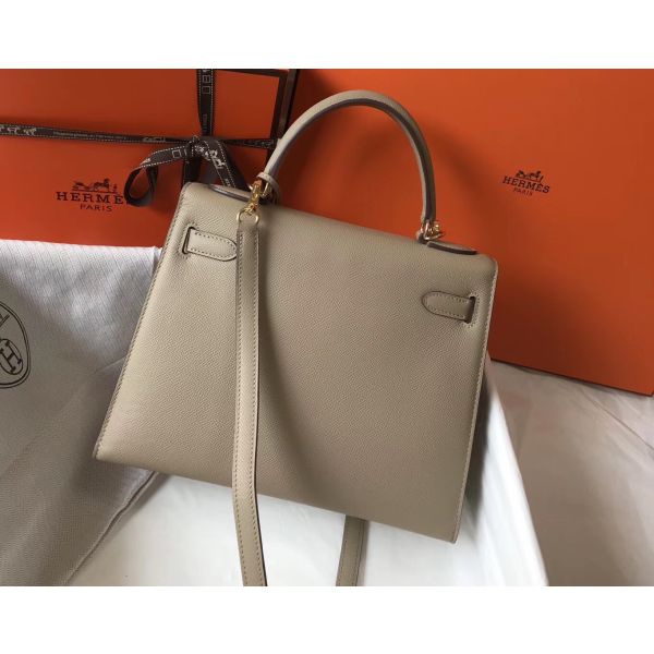 HERM Kelly 28cm Bag In Gris Tourterelle Epsom Leather GHW