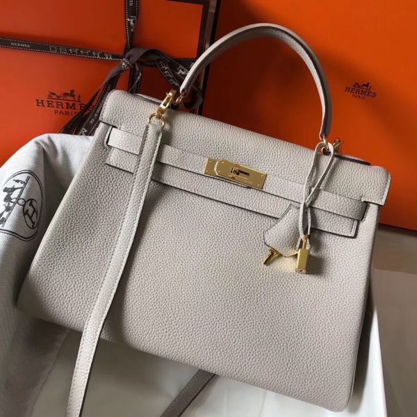 HERM Kelly 32cm Bag In Pearl Grey Clemence Leather GHW