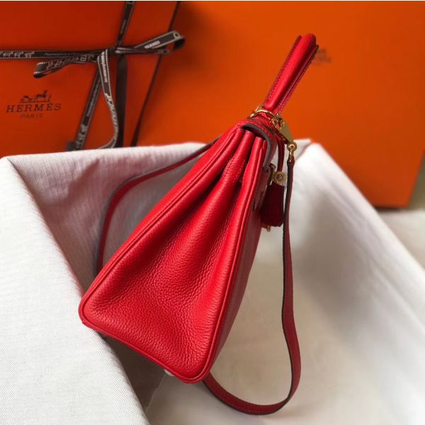 HERM Kelly 32cm Bag In Red Clemence Leather GHW