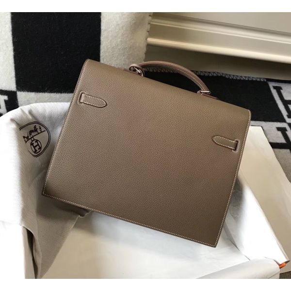 HERM Kelly Depeche 34 Briefcase In Taupe Calfskin
