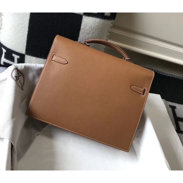 HERM Kelly Depeche 38 Briefcase In Brown Calfskin