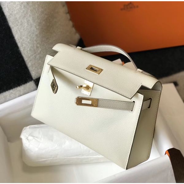 HERM Kelly Pochette Bag In White Epsom Leather