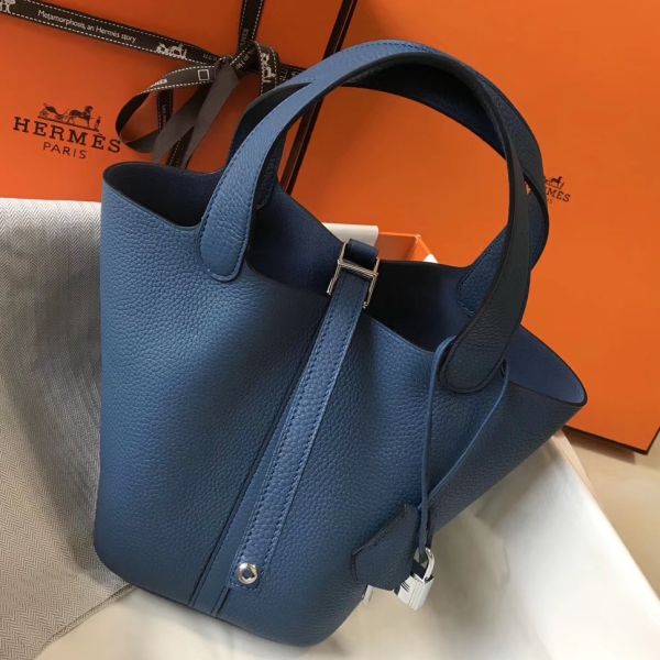 HERM Picotin Lock 18 Bag In Blue Agate Clemence Leather