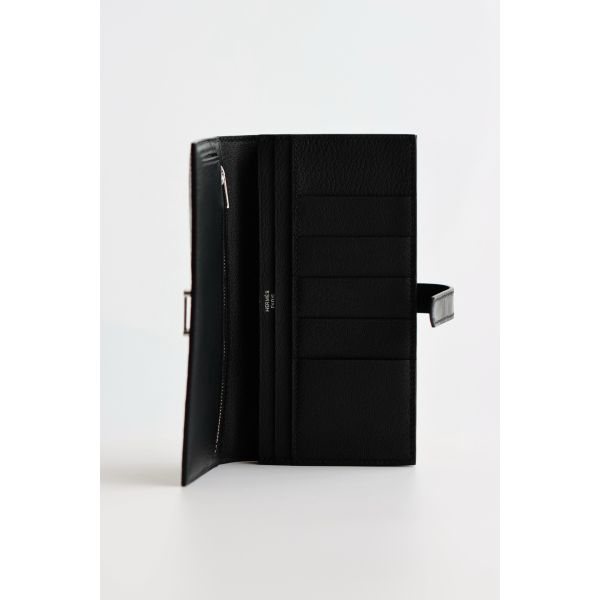 HERM Bearn Long Wallet in Black Shiny Alligator Leather