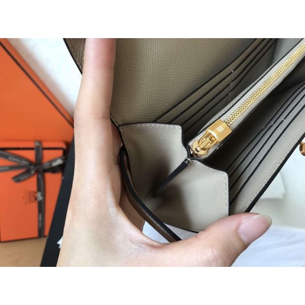 HERM Kelly Classic Long Wallet In Grey Epsom Leather
