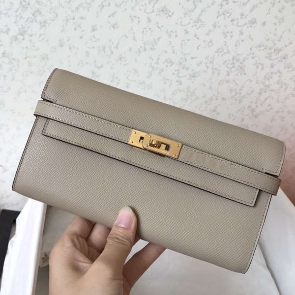 HERM Kelly Classic Long Wallet In Grey Epsom Leather