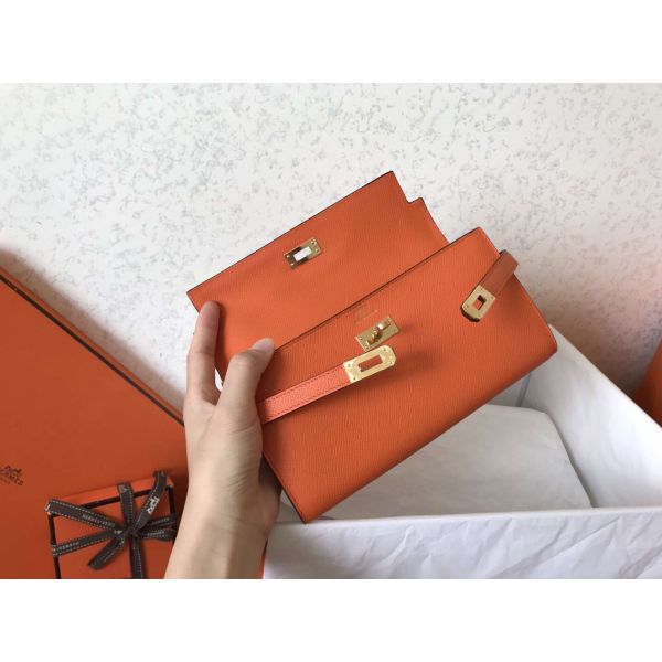 HERM Kelly Classic Long Wallet In Orange Epsom Leather