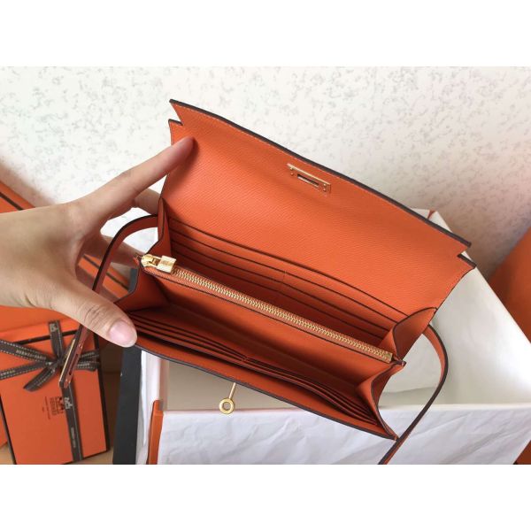 HERM Kelly Classic Long Wallet In Orange Epsom Leather