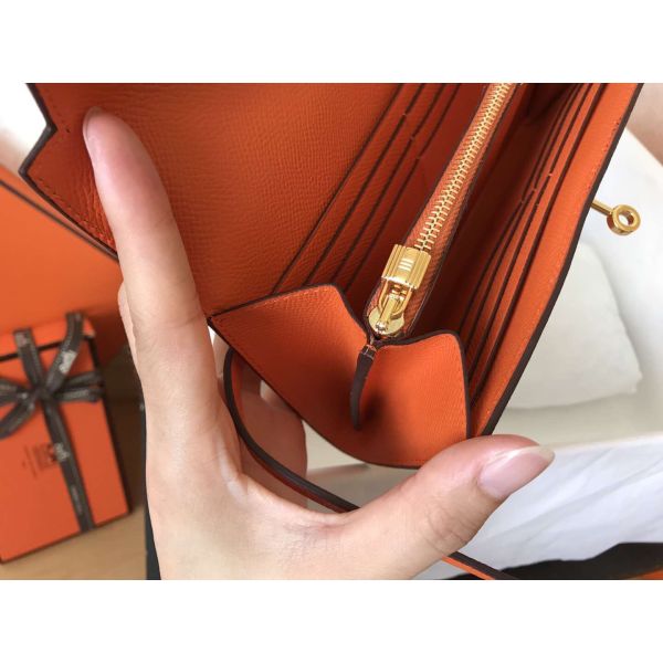 HERM Kelly Classic Long Wallet In Orange Epsom Leather