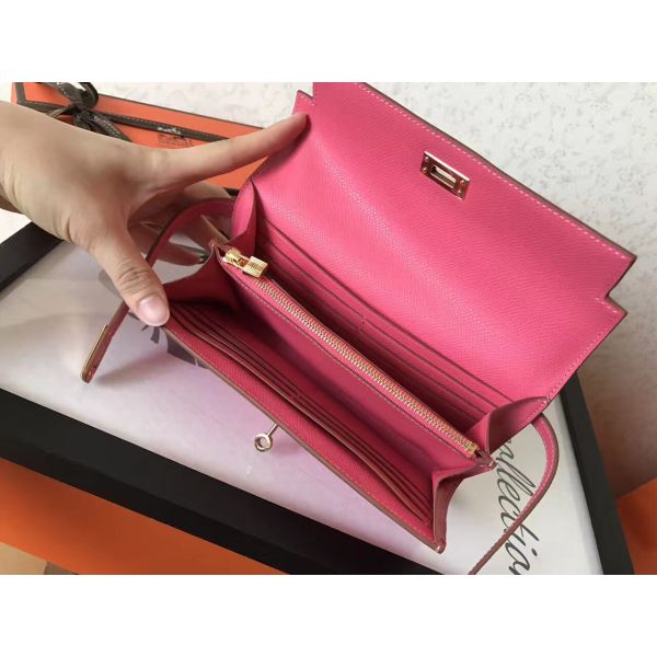 HERM Kelly Classic Long Wallet In Pink Epsom Leather