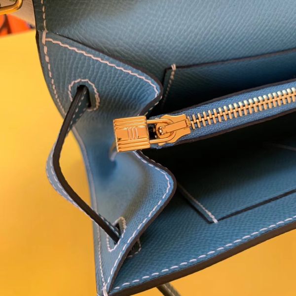 HERM Kelly Classique To Go Wallet In Blue Jean Epsom Calfskin