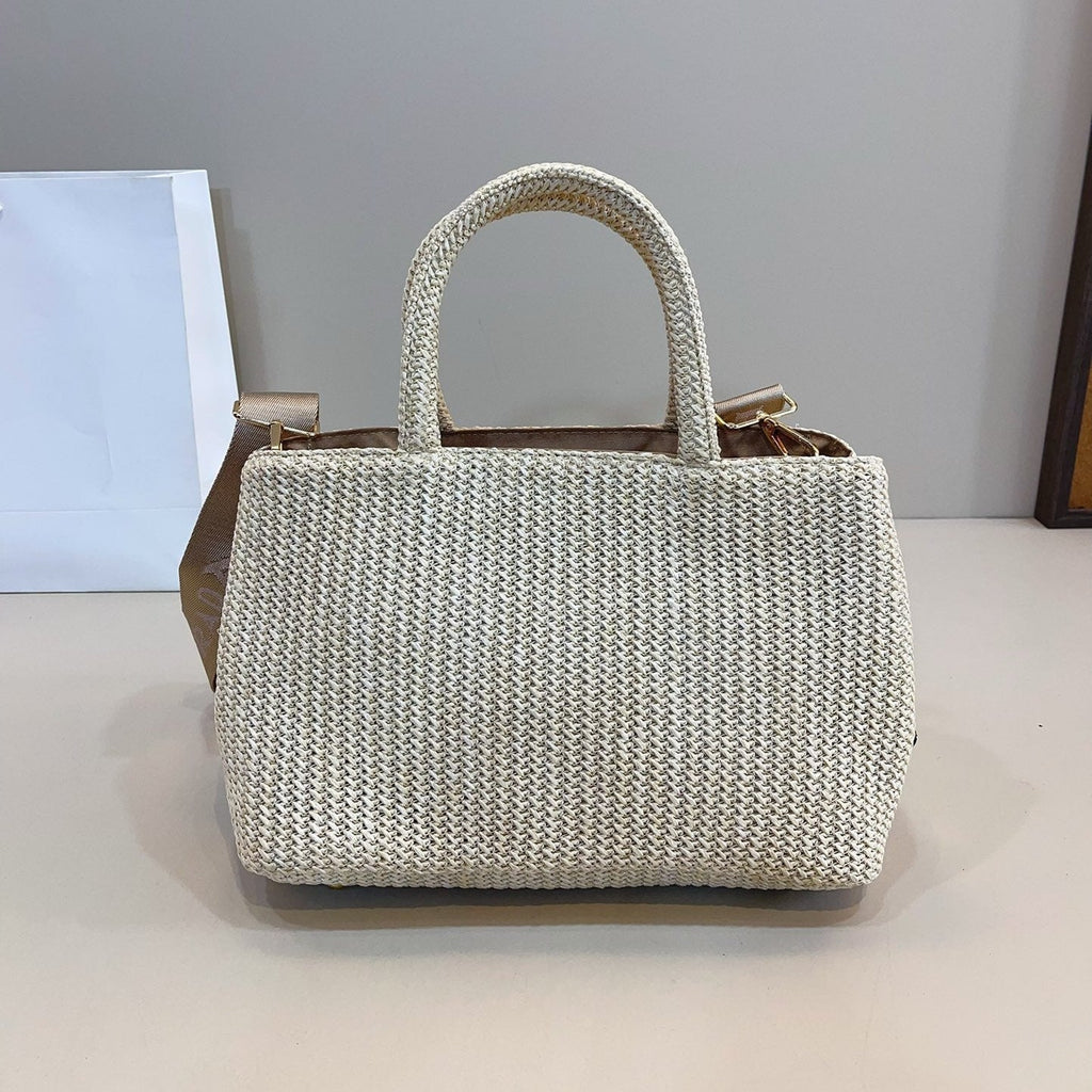 BLACK EMBROIDED LOGO TOTE BAG 29 IN BEIGE WOVEN RAFFIA
