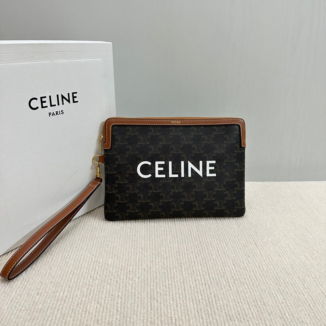 SMALL POUCH 25 IN BLACK TRIOMPHE CANVAS AND BROWN CALFSKIN WITH CELINE PRINT