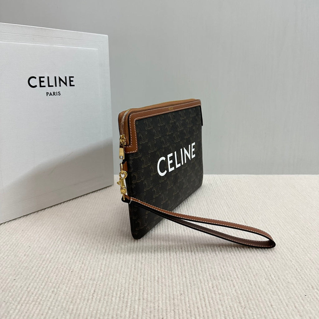 SMALL POUCH 25 IN BLACK TRIOMPHE CANVAS AND BROWN CALFSKIN WITH CELINE PRINT