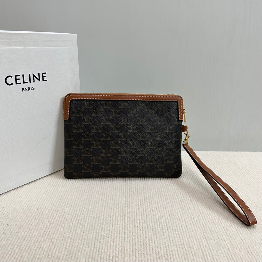 SMALL POUCH 25 IN BLACK TRIOMPHE CANVAS AND BROWN CALFSKIN WITH CELINE PRINT