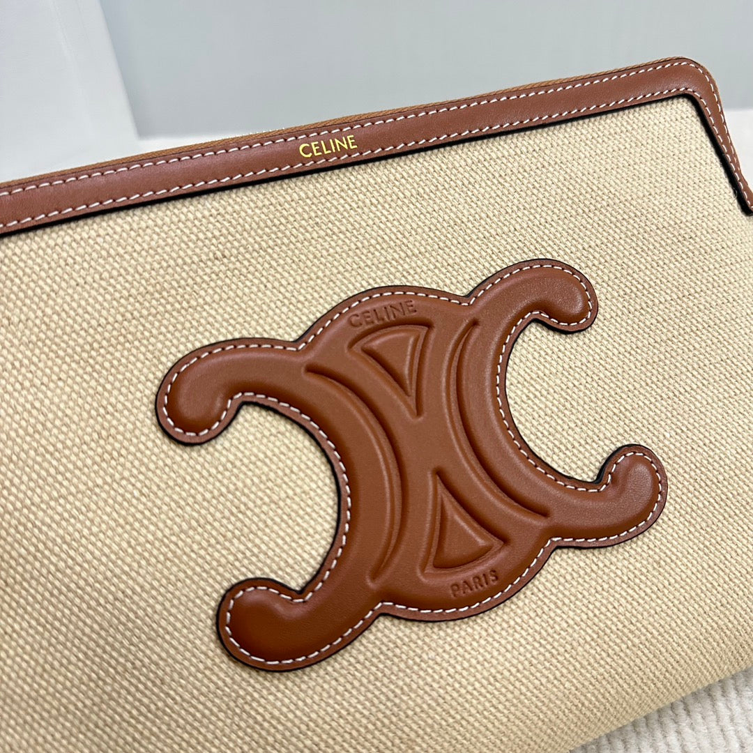 SMALL POUCH 25 IN BEIGE CANVAS AND BROWN CALFSKIN