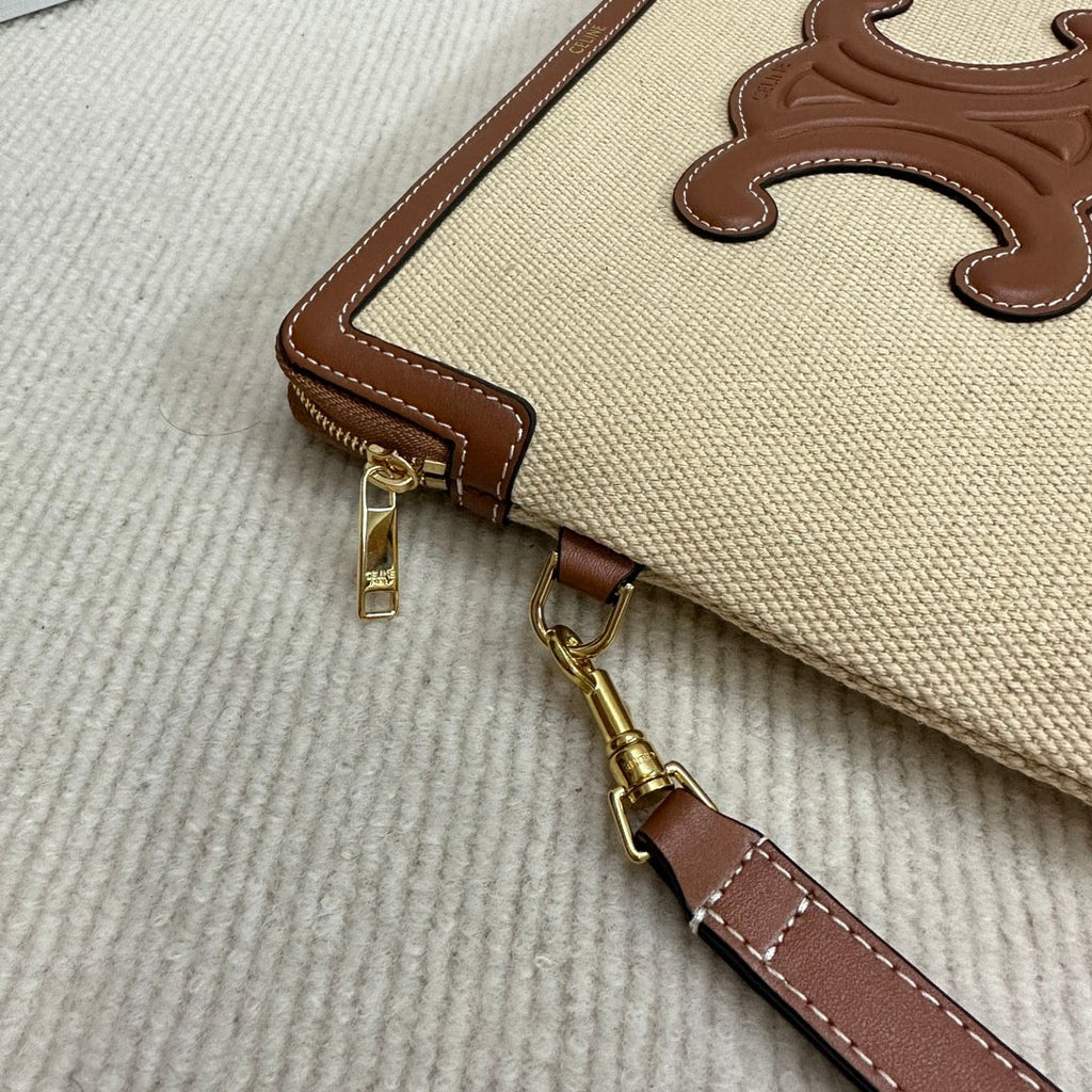 SMALL POUCH 25 IN BEIGE CANVAS AND BROWN CALFSKIN