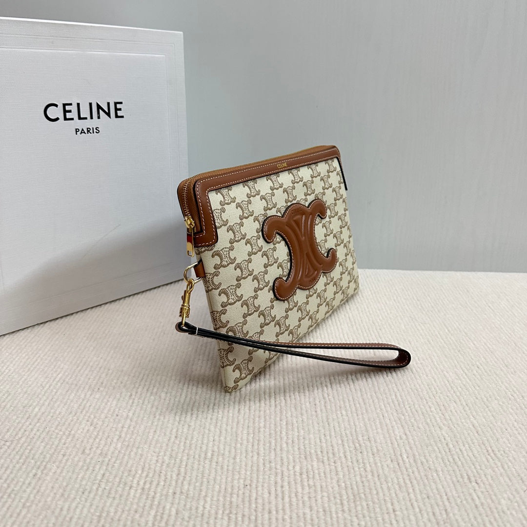 SMALL POUCH 25 IN BEIGE TRIOMPHE TEXTILE AND BROWN CALFSKIN