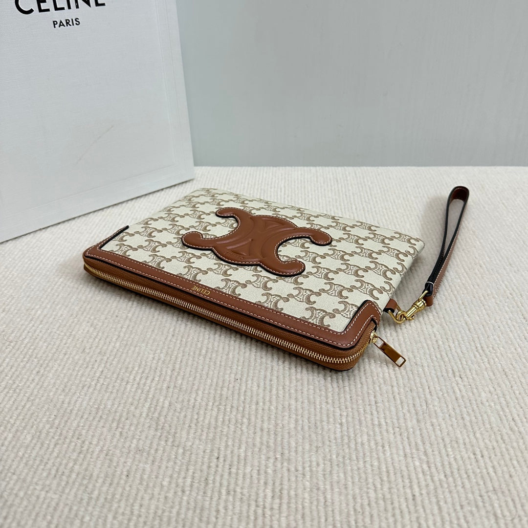 SMALL POUCH 25 IN BEIGE TRIOMPHE TEXTILE AND BROWN CALFSKIN