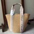LAGRE WOODY TOTE BAG 48 IN NATURAL FIBERS BLUSHY BEIGE WEBBING LOGO EMBROIDER BROWN CALFSKIN