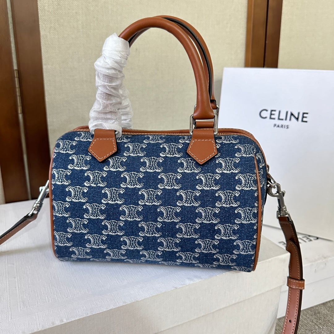 SMALL BOSTON 19 IN SPACE BLUE TRIOMPHE DENIM AND BROWN CALFSKIN TRIM