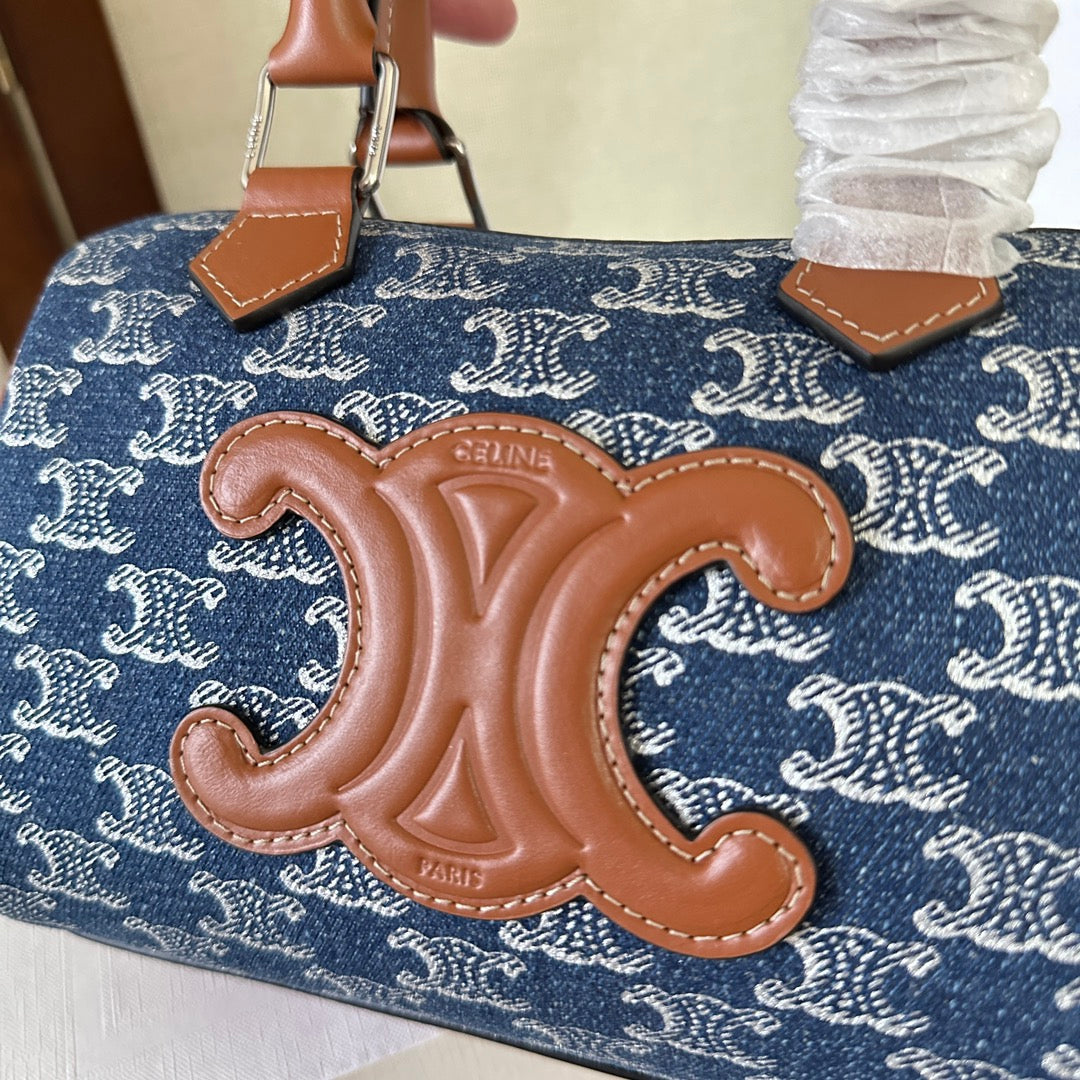 SMALL BOSTON 19 IN SPACE BLUE TRIOMPHE DENIM AND BROWN CALFSKIN TRIM