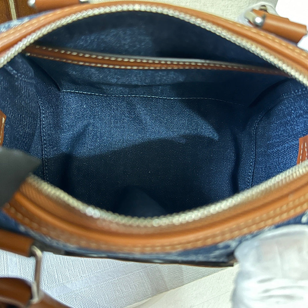 SMALL BOSTON 19 IN SPACE BLUE TRIOMPHE DENIM AND BROWN CALFSKIN TRIM