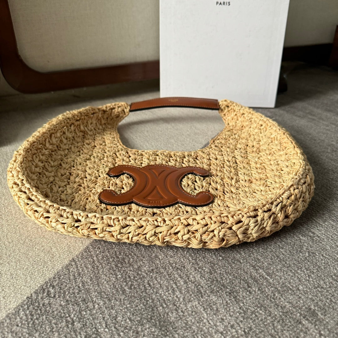 CELINE PANIER HOBO BAG 33 IN RAFFIA AND CALFSKIN LOGO BROWN