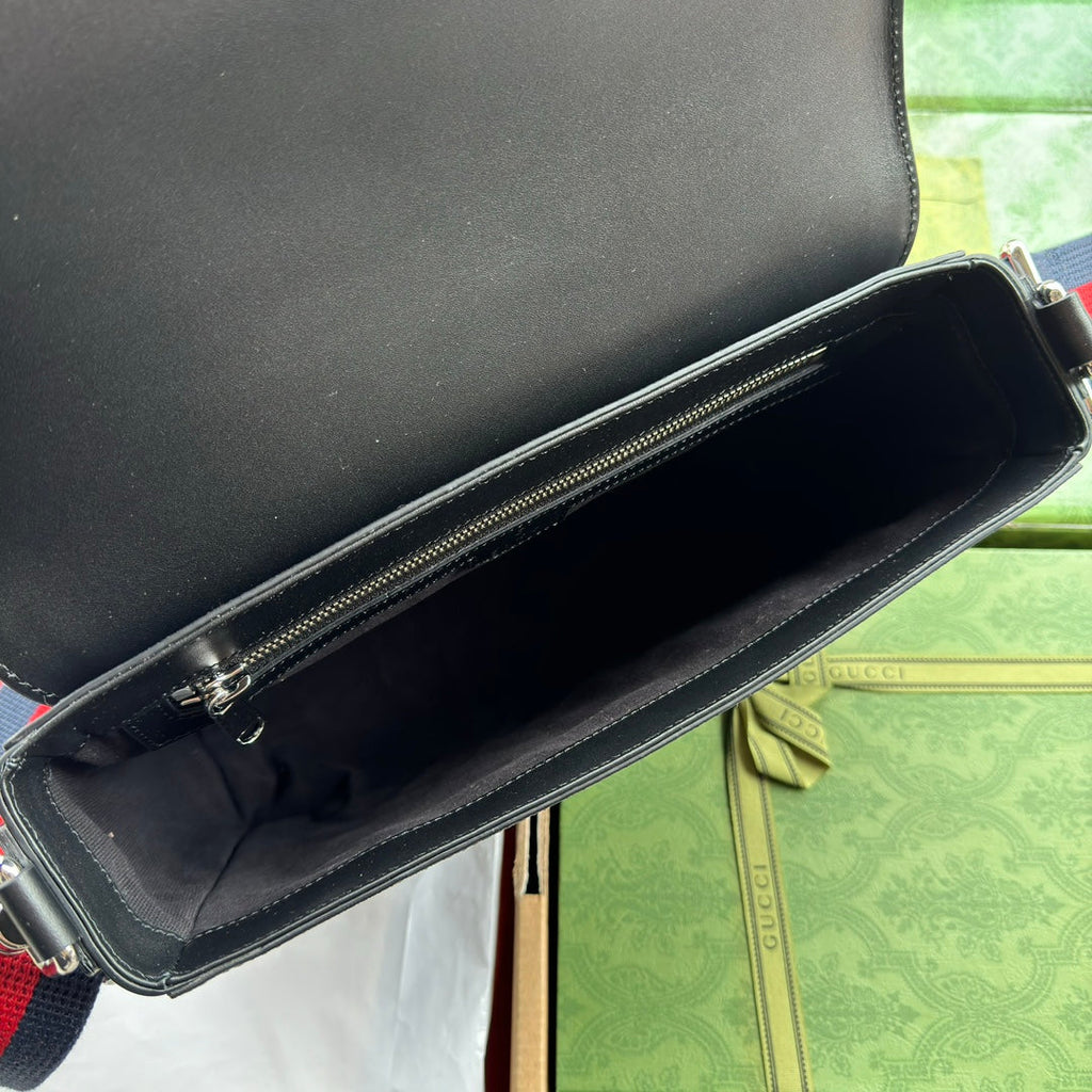 OPHIDIA MEDIUM MESSENGER FLAP BAG 27 IN DARK GREY AND BLACK CALFSKIN