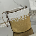 BUCKET BAG 25 IN WHITE MIX BEIGE RAFFIA AND BROWN CALFSKIN HANDLE