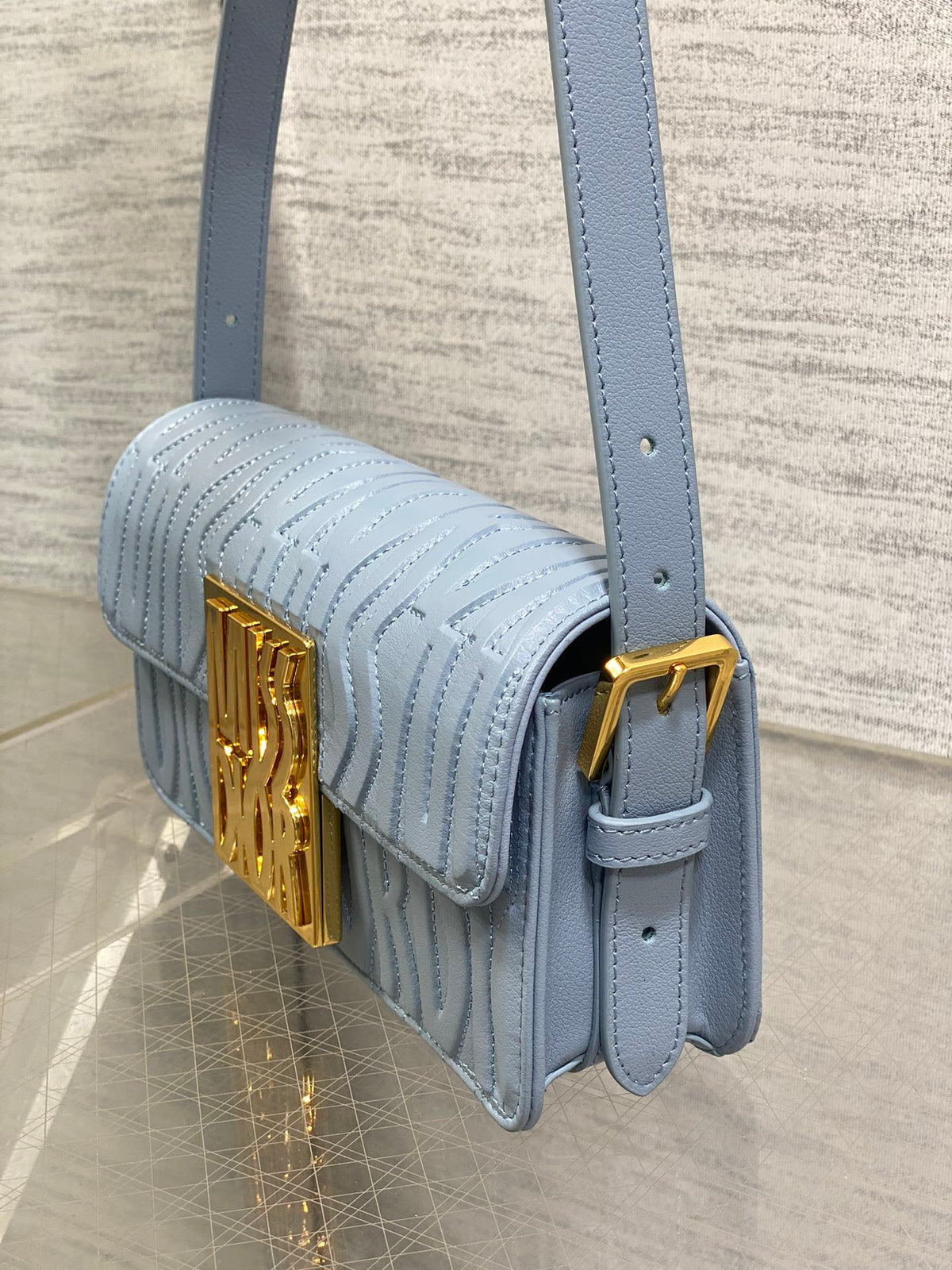 FLAP BAG 18 IN BABY BLUE QUILTED ALLOVER CALFSKIN