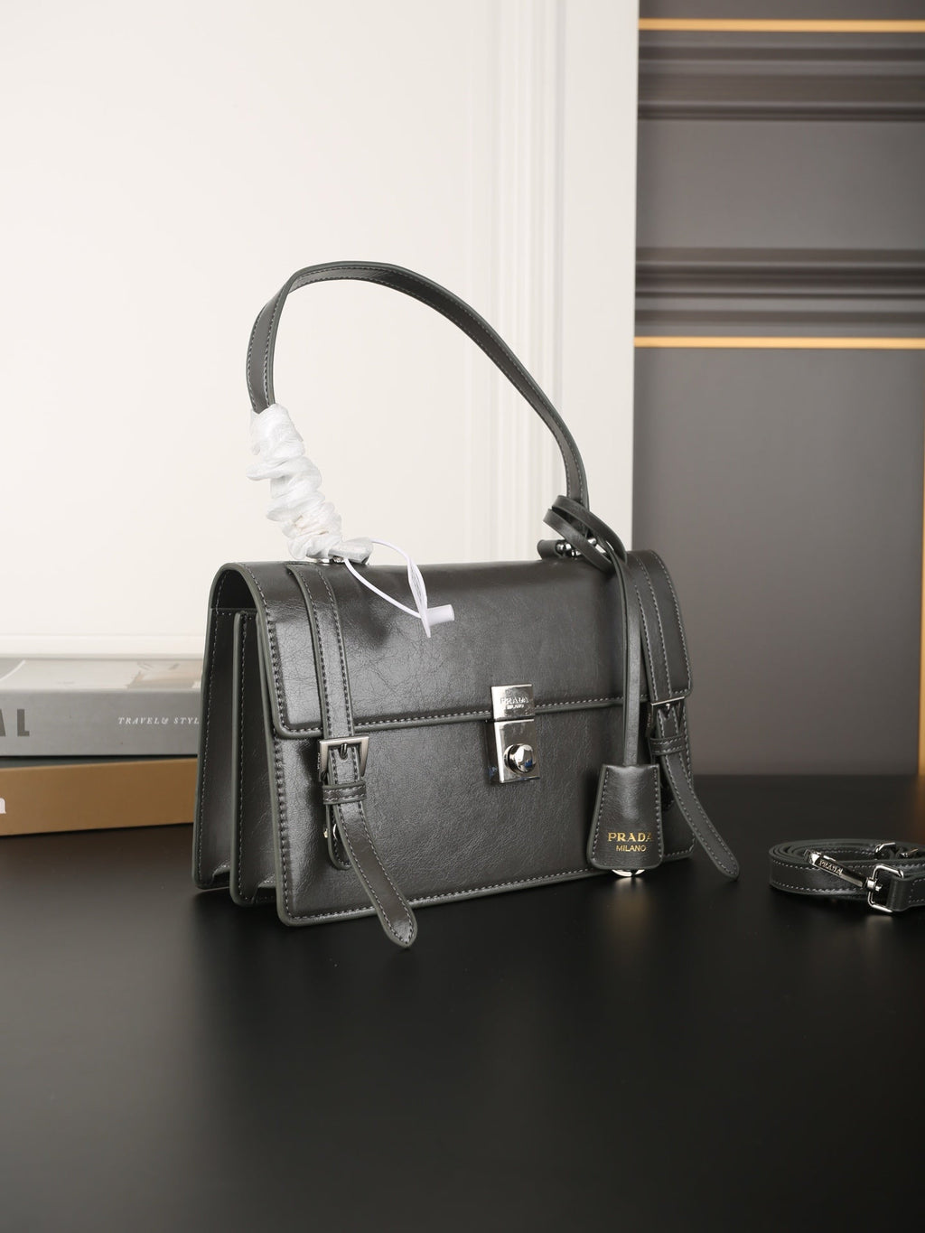 WORK BRIEFCASE 33 IN CHARCOAL GREY SHINY SMOOTH CALFSKIN