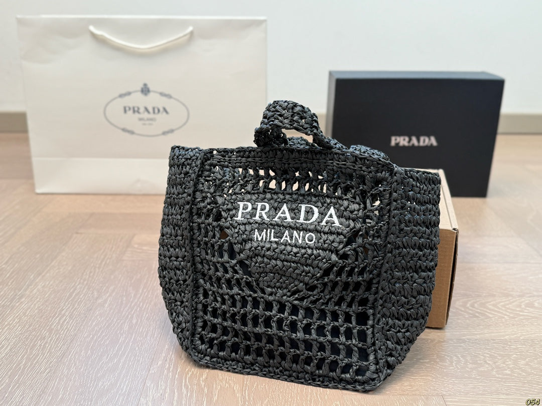 WHITE EMBROIDED LOGO TOTE BAG 22 IN BLACK WOVEN RAFFIA