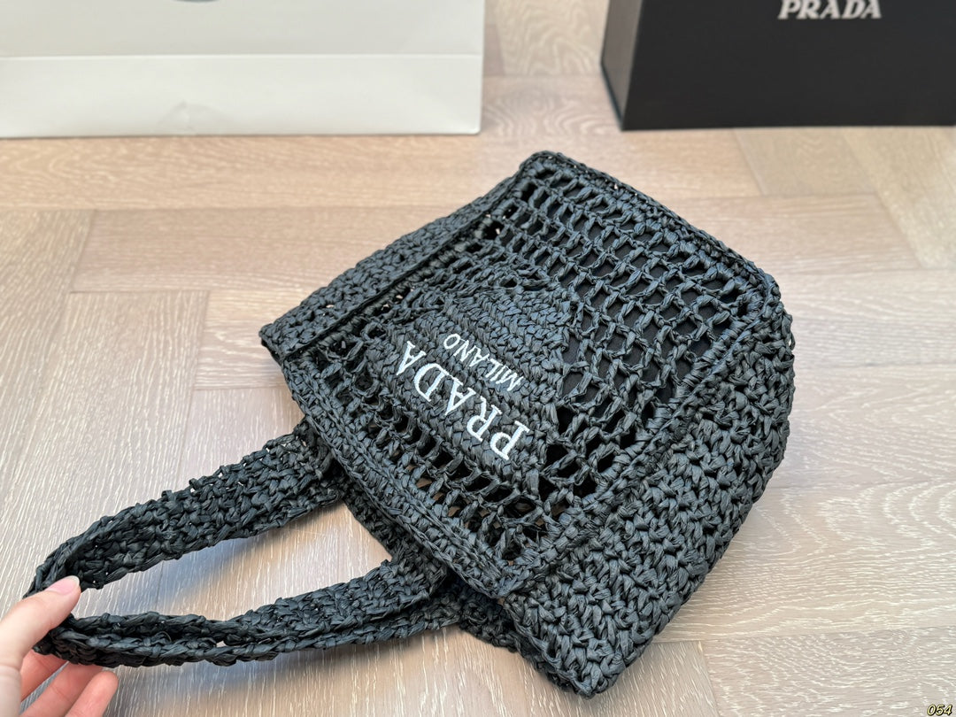 WHITE EMBROIDED LOGO TOTE BAG 22 IN BLACK WOVEN RAFFIA