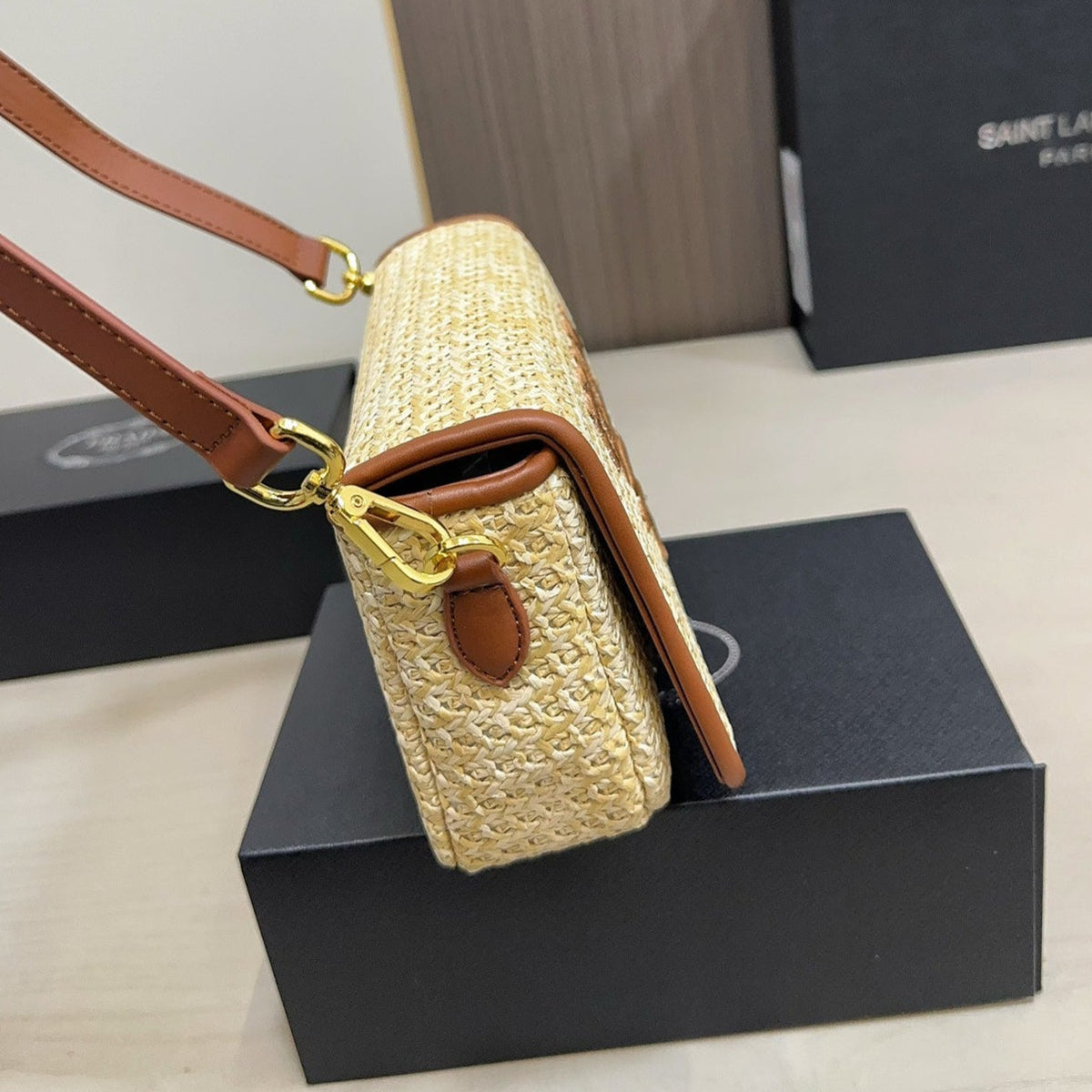 EMBROIDED LOGO SHOULDER BAG 20 IN BEIGE WOVEN RAFFIA