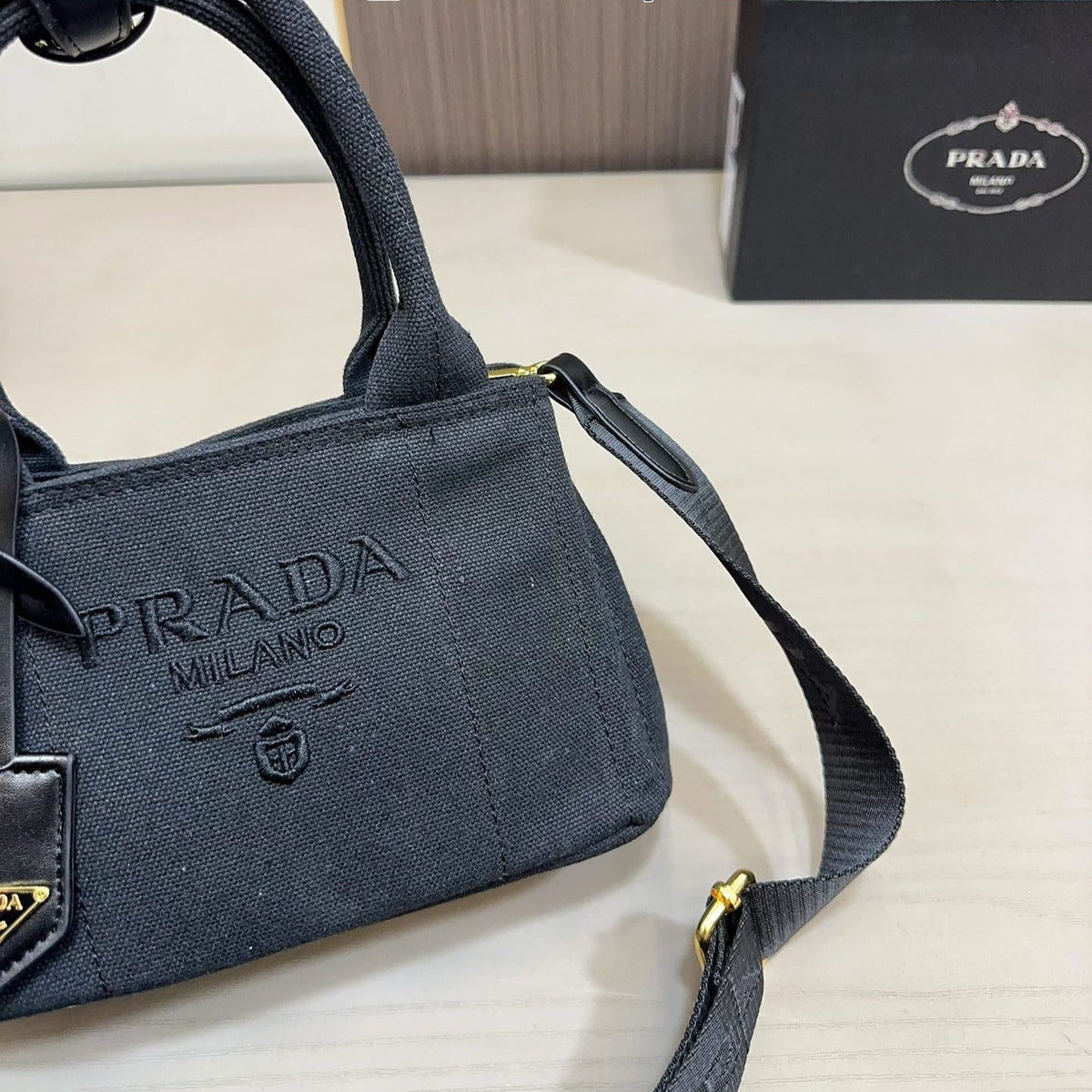 EMBOSSED LOGO MINI TOTE BAG 22 IN BLACK FABIC