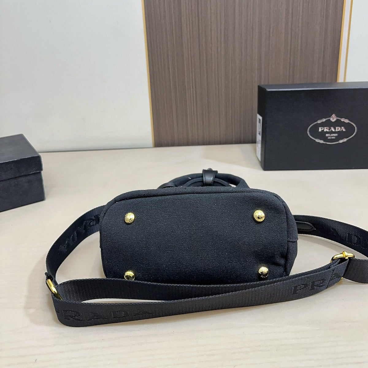 EMBOSSED LOGO MINI TOTE BAG 22 IN BLACK FABIC