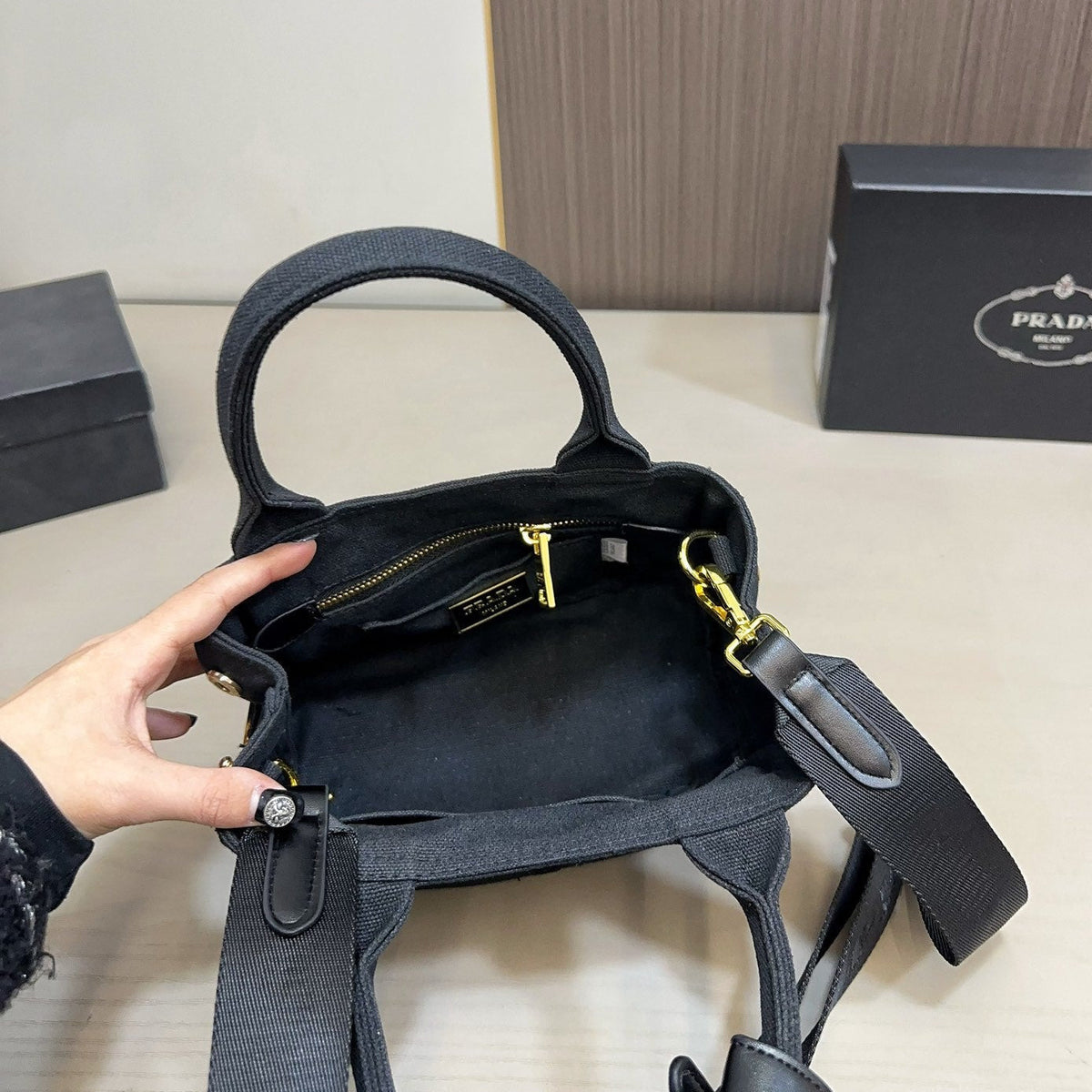 EMBOSSED LOGO MINI TOTE BAG 22 IN BLACK FABIC