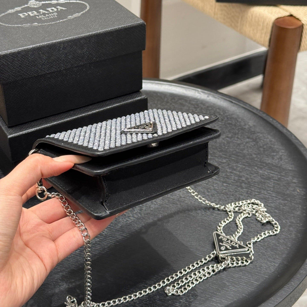 STUDDED CRYSTAL WALLET ON CHAIN 13 IN BLACK CALFSKIN
