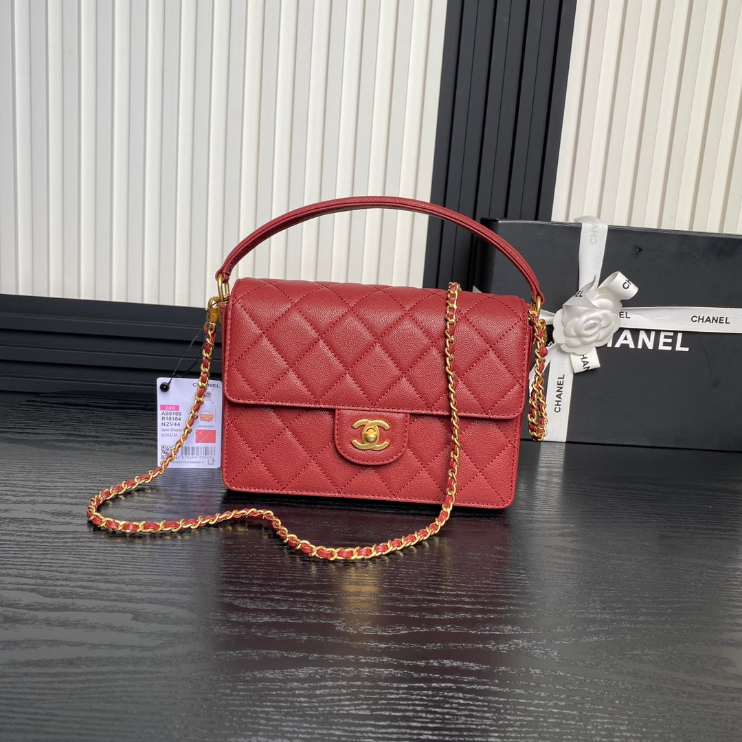 RETRO STYLE FLAP BAG 22 IN STILETTO RED GRAINED CALFSKIN GOLD HARDWARE